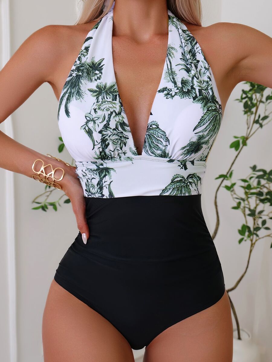 SHEIN Swim 熱帶圖案吊脖連體泳衣 - 彩色 - 查看 1
