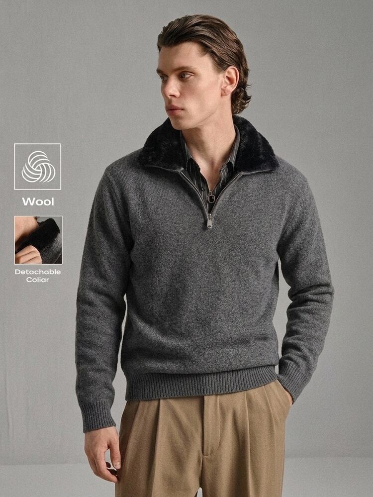 Calmiston Sweater Rajut Wol Pria Sederhana Bergaya Kasual dengan Resleting, Tebal Polos, Modis untuk Gaya Urban, Formal, Musim Gugur, Pakaian Jalanan, Mendaki, Jaket Anti Angin, Luar Ruangan - Grey - View 1