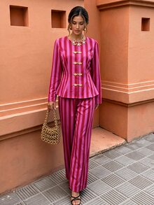 Flora Isola Flora Isola Setelan 2 Potong Wanita Kasual Retro Gaya 80-an untuk Liburan, Motif Simpul Cina, Kancing Katak, Garis-garis Merah Muda, Musim Gugur/Dingin, untuk Pesta - Merah - View 5
