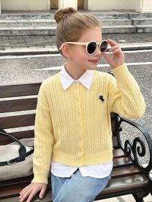 SHEIN Kids Tween Girl Casual Solid Yellow Logo EMB Cardigan For Fall/Winter, Back To School, Preppy Style - Yellow - View 14
