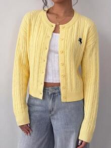 SHEIN Kids Tween Girl Casual Solid Yellow Logo EMB Cardigan For Fall/Winter, Back To School, Preppy Style - Yellow - View 2