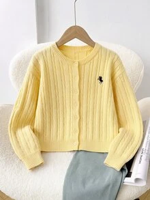 SHEIN Kids Tween Girl Casual Solid Yellow Logo EMB Cardigan For Fall/Winter, Back To School, Preppy Style - Yellow - View 12