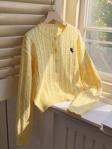 SHEIN Kids Tween Girl Casual Solid Yellow Logo EMB Cardigan For Fall/Winter, Back To School, Preppy Style - Yellow - View 10