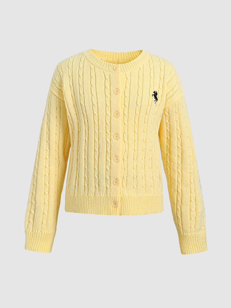 SHEIN Kids Tween Girl Casual Solid Yellow Logo EMB Cardigan For Fall/Winter, Back To School, Preppy Style - Yellow - View 3