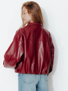 Pimkie Edition Jaket Wanita Kulit PU Warna Polos, Model Bahu Longgar, Lengan Panjang, Resleting Depan - Burgundy - View 2