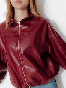 Pimkie Edition Jaket Wanita Kulit PU Warna Polos, Model Bahu Longgar, Lengan Panjang, Resleting Depan - Burgundy - View 5