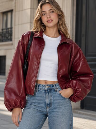 Pimkie Edition Women's Solid Color PU Leather Drop Shoulder Long Sleeve Zipper Front Jacket
