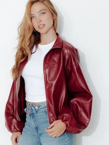 Pimkie Edition Jaket Wanita Kulit PU Warna Polos, Model Bahu Longgar, Lengan Panjang, Resleting Depan - Burgundy - View 6