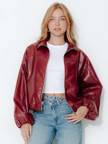 Pimkie Edition Jaket Wanita Kulit PU Warna Polos, Model Bahu Longgar, Lengan Panjang, Resleting Depan - Burgundy - View 4