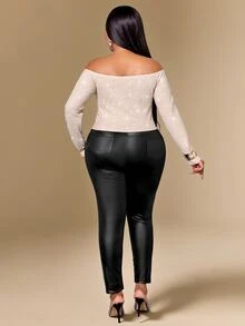 KIORVELLA تي شيرت قصير مكشكش بكتف مكشوف للنساء مقاس كبير، توب بأكمام طويلة وياقة قلب بتصميم ضيق وملمس بارز، مناسب للتنقل اليومي في فصل الخريف - لون مشمشي - مشاهدة 5