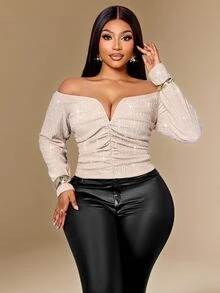 KIORVELLA تي شيرت قصير مكشكش بكتف مكشوف للنساء مقاس كبير، توب بأكمام طويلة وياقة قلب بتصميم ضيق وملمس بارز، مناسب للتنقل اليومي في فصل الخريف - لون مشمشي - مشاهدة 3