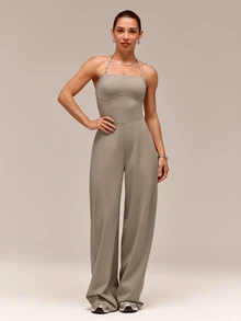 GLOWMODE 31" Quick-Dry Glow Motion Wide Leg Halter Anti-Slip Jumpsuit With Detachable Adjustable Shoulder Straps Removable Cups Low Impact Daily Casual Wear - Khaki - View 7