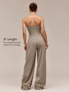 GLOWMODE 31" Quick-Dry Glow Motion Wide Leg Halter Anti-Slip Jumpsuit With Detachable Adjustable Shoulder Straps Removable Cups Low Impact Daily Casual Wear - Khaki - View 3
