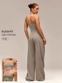 GLOWMODE 31" Quick-Dry Glow Motion Wide Leg Halter Anti-Slip Jumpsuit With Detachable Adjustable Shoulder Straps Removable Cups Low Impact Daily Casual Wear - Khaki - View 1