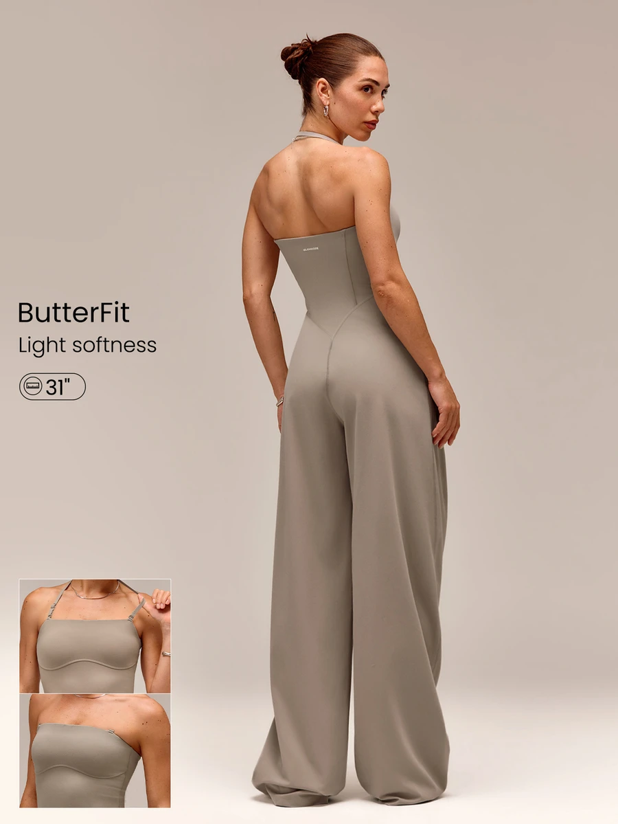 GLOWMODE 31" Quick-Dry Glow Motion Wide Leg Halter Anti-Slip Jumpsuit With Detachable Adjustable Shoulder Straps Removable Cups Low Impact Daily Casual Wear - Khaki - View 1