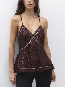 Nöista Deep Burgundy Sequined Halter Top, Fitted Sexy, Perfect For Parties,Evening Events,Dates,Glamorous Layer For Fall And Winter. Elegant And Stylish. - Burgundy - View 2