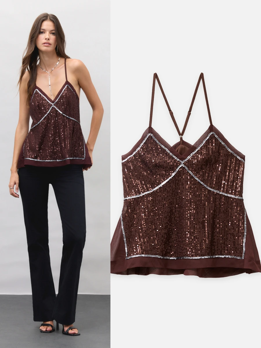 Nöista Deep Burgundy Sequined Halter Top, Fitted Sexy, Perfect For Parties,Evening Events,Dates,Glamorous Layer For Fall And Winter. Elegant And Stylish. - Burgundy - View 1