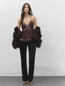 Nöista Deep Burgundy Sequined Halter Top, Fitted Sexy, Perfect For Parties,Evening Events,Dates,Glamorous Layer For Fall And Winter. Elegant And Stylish. - Burgundy - View 4