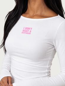 MISSGUIDED TEEN Long Sleeve Boat Neck Crop Top With Chest Slogan Print Slim Fit Casual Night Out Spring Summer Party Top - White - View 2