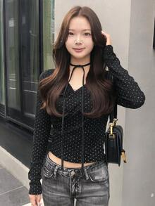 FRIFUL Women's Autumn Polka Dot V-Neck Slim Fit T-Shirt - Black - View 8