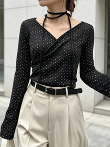 FRIFUL Women's Autumn Polka Dot V-Neck Slim Fit T-Shirt - Black - View 1