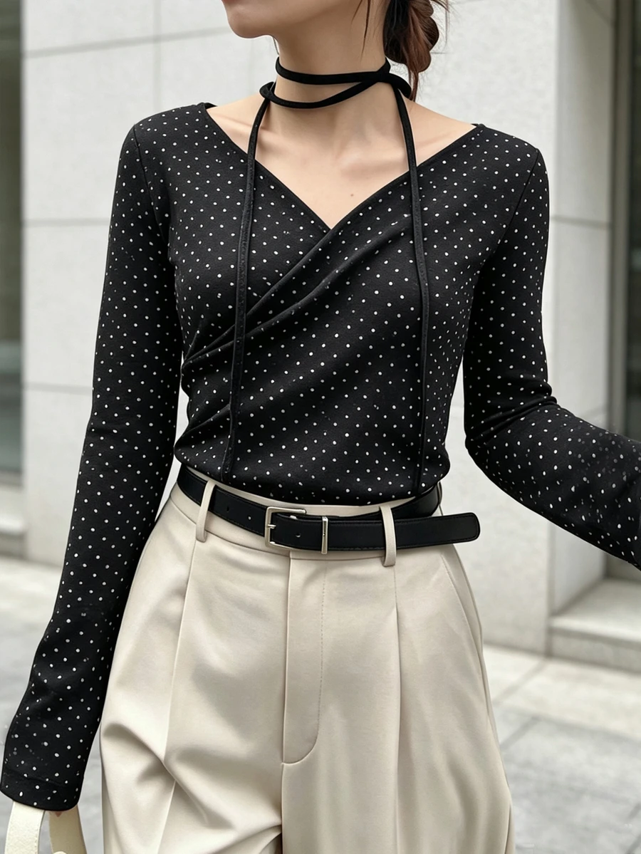 FRIFUL Women's Autumn Polka Dot V-Neck Slim Fit T-Shirt - Black - View 1