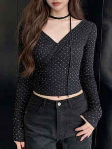 FRIFUL Women's Autumn Polka Dot V-Neck Slim Fit T-Shirt - Black - View 2