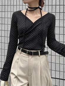 FRIFUL Women's Autumn Polka Dot V-Neck Slim Fit T-Shirt - Black - View 6