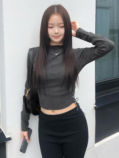 FRIFUL Damen einfarbiges Stehkragen-Crop-T-Shirt mit seitlicher Taille, Ösen und Schnürung, lässig