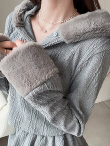 FRIFUL Women's Autumn Solid Color Textured Fabric Hooded Top Layered Short Skirt 2 Pieces Set - Grey - View 6