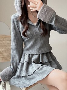 FRIFUL Women's Autumn Solid Color Textured Fabric Hooded Top Layered Short Skirt 2 Pieces Set - Grey - View 7