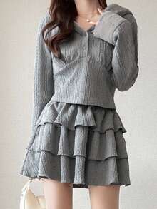 FRIFUL Women's Autumn Solid Color Textured Fabric Hooded Top Layered Short Skirt 2 Pieces Set - Grey - View 5