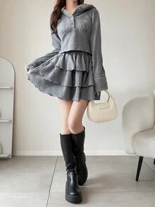 FRIFUL Women's Autumn Solid Color Textured Fabric Hooded Top Layered Short Skirt 2 Pieces Set - Grey - View 4