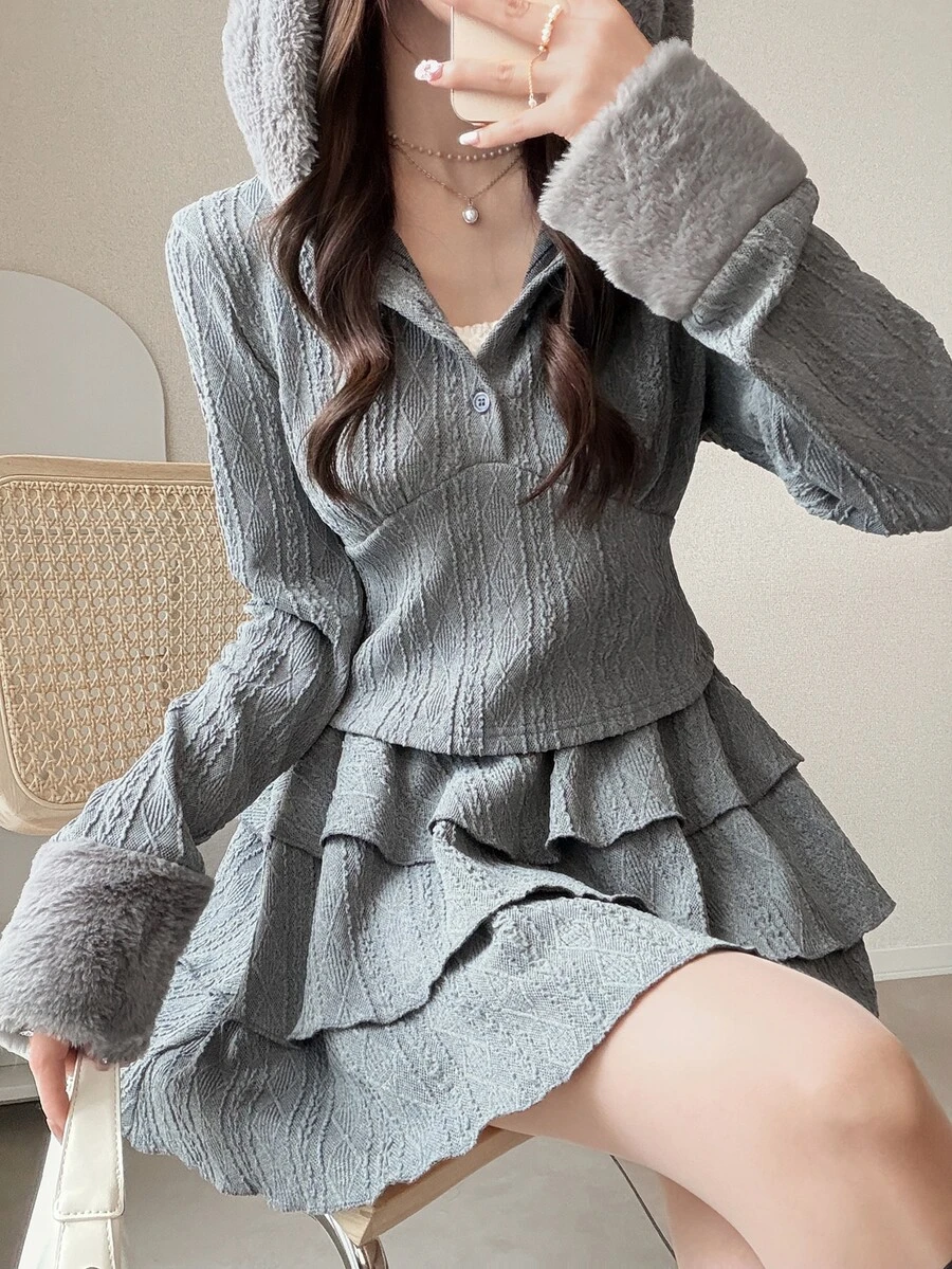 FRIFUL Women's Autumn Solid Color Textured Fabric Hooded Top Layered Short Skirt 2 Pieces Set - Grey - View 1