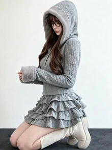 FRIFUL Women's Autumn Solid Color Textured Fabric Hooded Top Layered Short Skirt 2 Pieces Set - Grey - View 10