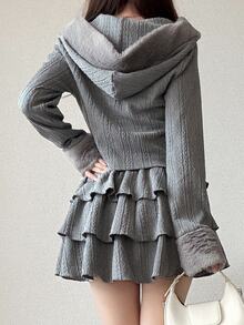 FRIFUL Women's Autumn Solid Color Textured Fabric Hooded Top Layered Short Skirt 2 Pieces Set - Grey - View 2