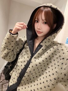 FRIFUL Women's Autumn Polka Dot Hooded Colorblock Jacket Winter - Apricot - View 8