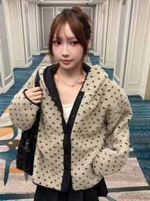FRIFUL Women's Autumn Polka Dot Hooded Colorblock Jacket Winter - Apricot - View 7