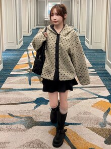 FRIFUL Women's Autumn Polka Dot Hooded Colorblock Jacket Winter - Apricot - View 5