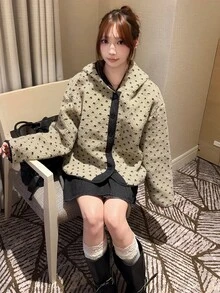 FRIFUL Women's Autumn Polka Dot Hooded Colorblock Jacket Winter - Apricot - View 4