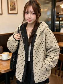 FRIFUL Women's Autumn Polka Dot Hooded Colorblock Jacket Winter - Apricot - View 1