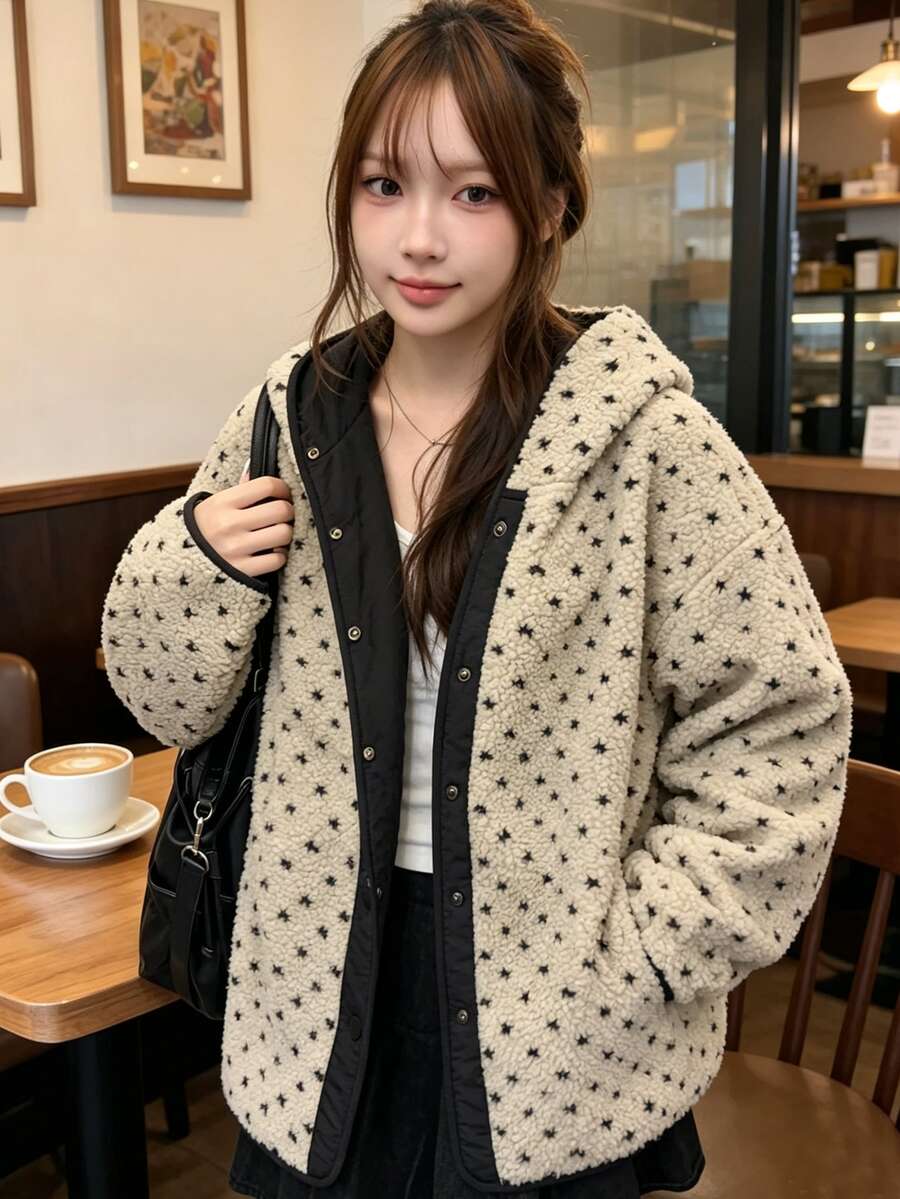 FRIFUL Women's Autumn Polka Dot Hooded Colorblock Jacket Winter - Apricot - View 1