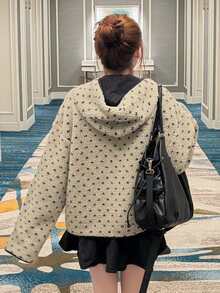 FRIFUL Women's Autumn Polka Dot Hooded Colorblock Jacket Winter - Apricot - View 2