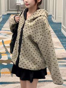 FRIFUL Women's Autumn Polka Dot Hooded Colorblock Jacket Winter - Apricot - View 3