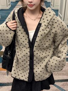 FRIFUL Women's Autumn Polka Dot Hooded Colorblock Jacket Winter - Apricot - View 9