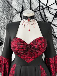 Whyspr Plus Size Black & Red Heart Lace Twist Knot Flare Sleeve A-Line Short Dress, Gothic Contrast Patchwork Waist-Cinched Slimming Dress Fall - Black - View 6