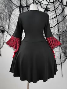 Whyspr Plus Size Black & Red Heart Lace Twist Knot Flare Sleeve A-Line Short Dress, Gothic Contrast Patchwork Waist-Cinched Slimming Dress Fall - Black - View 2