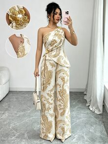 SHEIN Clasi 2pcs/Set Asymmetrical Shoulder Sleeveless Top And Skirt Set For Women - Multicolor - View 3