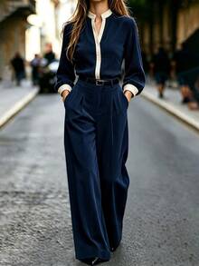 Balvessa Setelan Wanita Elegan, Smart Casual, Smart Casual, Minimalis, Warna Polos, Bahan Korduroi, Lengan Panjang, Biru Tua, Musim Gugur - Royal Blue - View 3