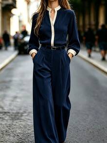 Balvessa Setelan Wanita Elegan, Smart Casual, Smart Casual, Minimalis, Warna Polos, Bahan Korduroi, Lengan Panjang, Biru Tua, Musim Gugur - Royal Blue - View 4